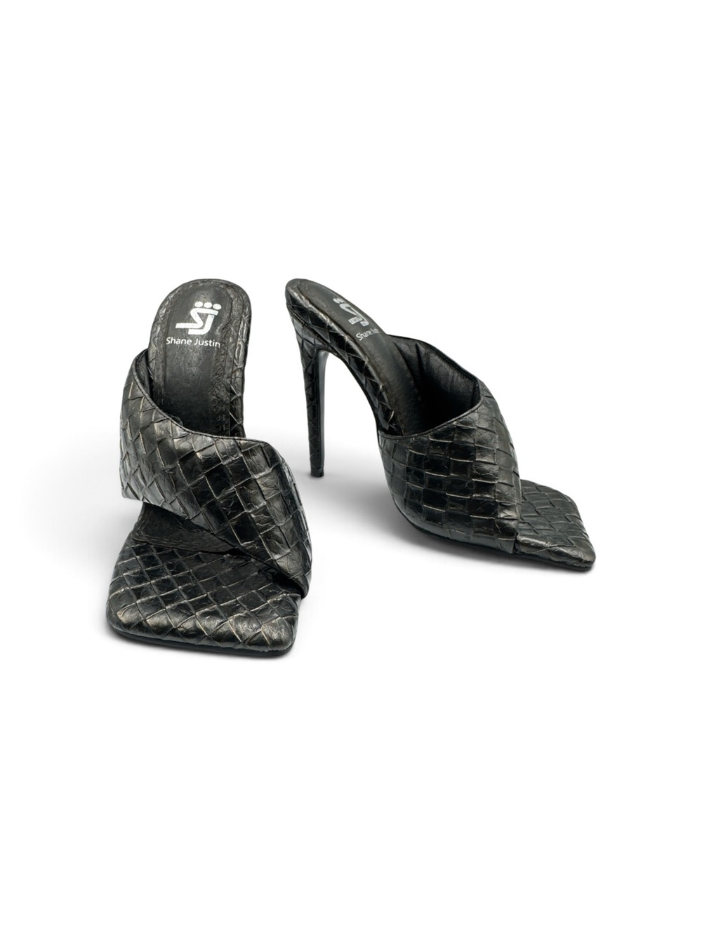 Vintage Y2K Shane Justin Black Woven Leather Mule Heels Size 36 5” Stiletto